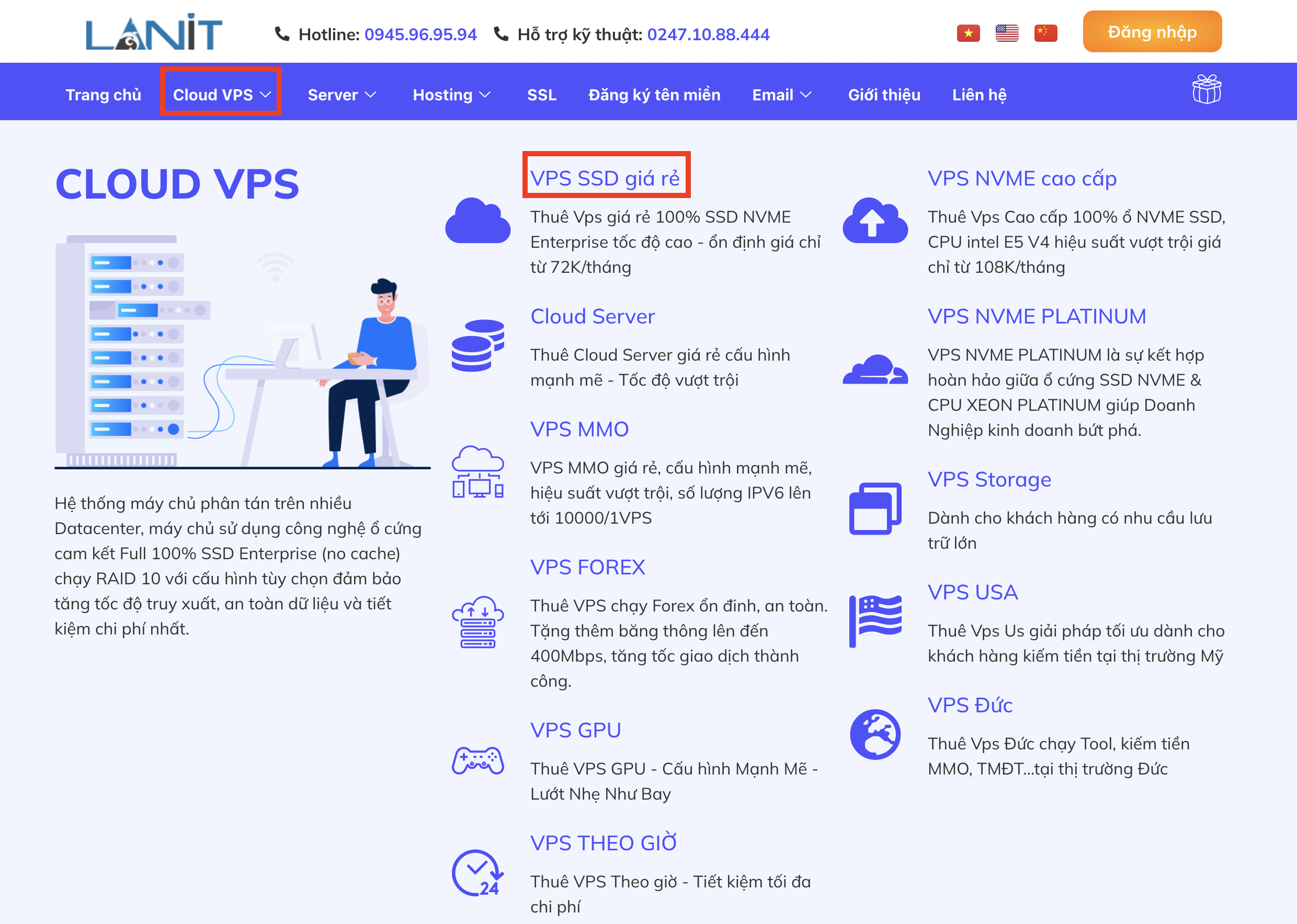 Di chuyển chuột v&agrave;o&nbsp;&ldquo;CLOUD VPS&rdquo; v&agrave; Click &ldquo;VPS SSD gi&aacute; rẻ&rdquo;.