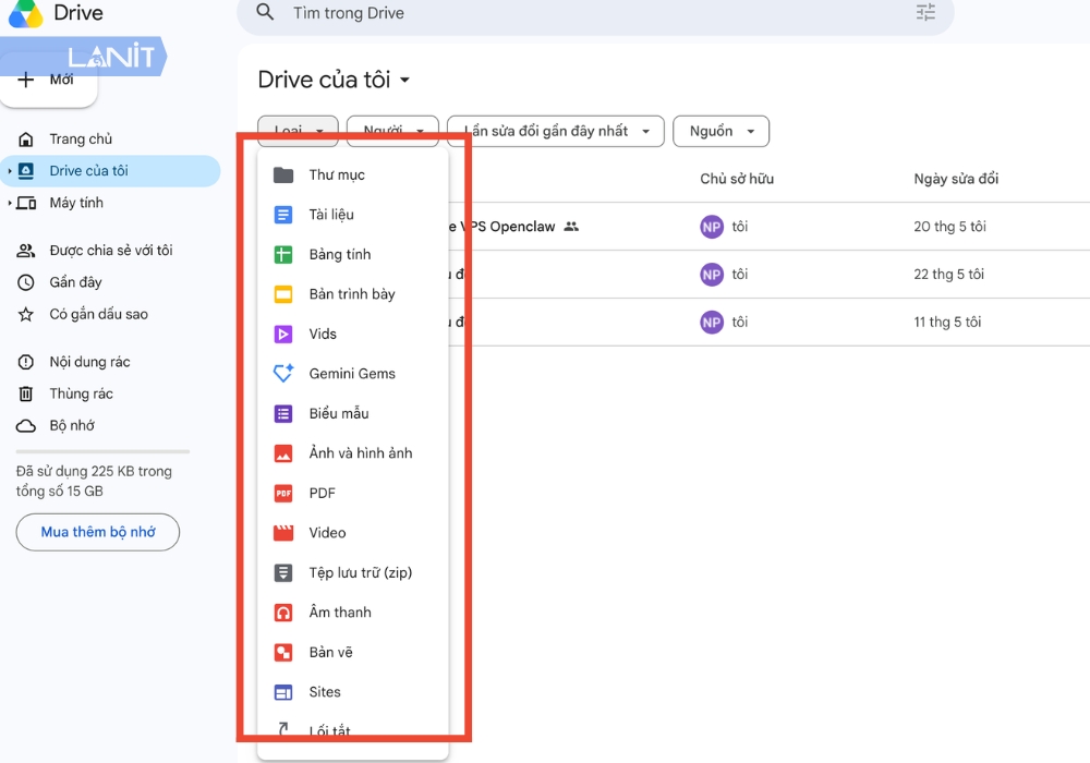 Sử dụng thanh t&igrave;m kiếm để lọc file cần x&oacute;a