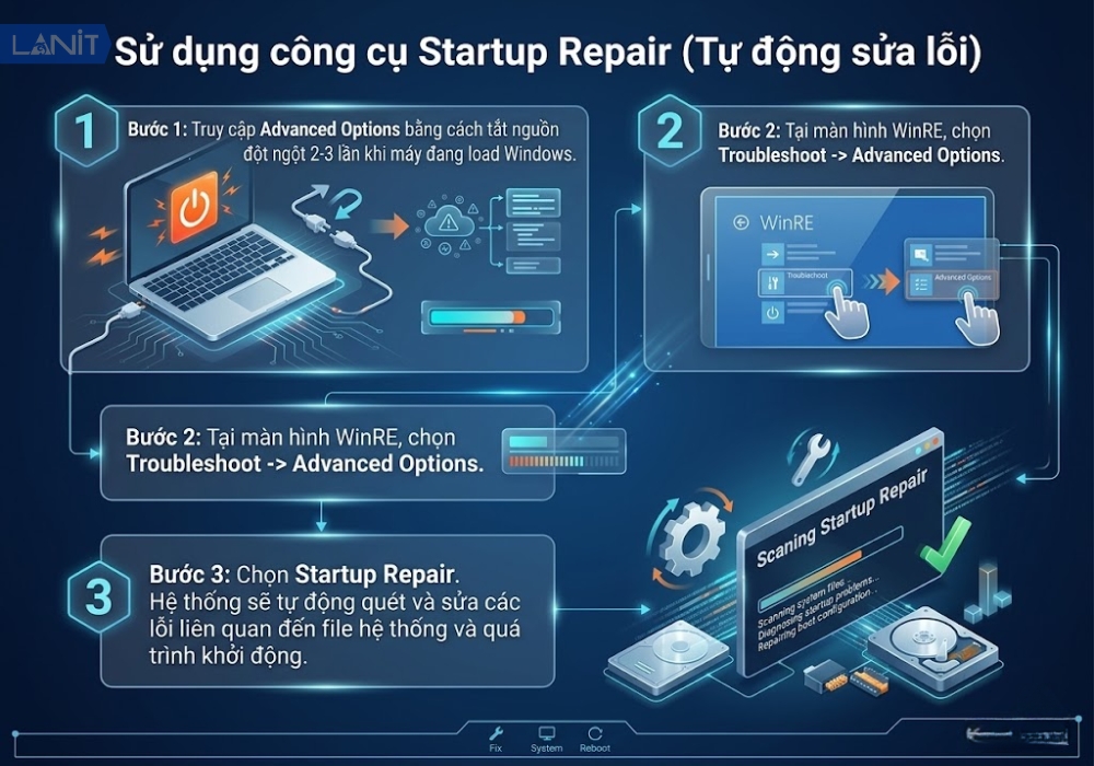 Sử dụng công cụ Startup Repair (tự động sửa lỗi)