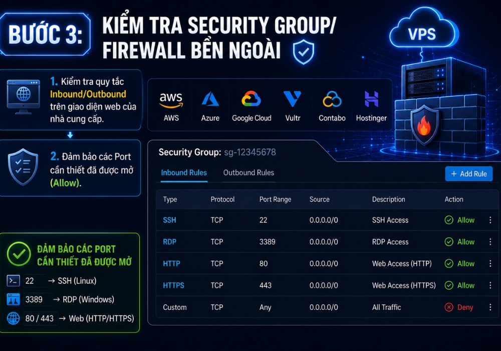 Kiểm tra Security Group/Firewall bên ngoài