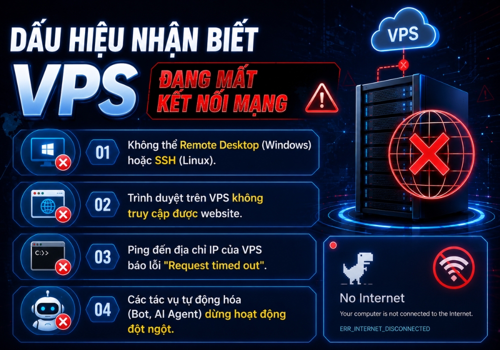 Dấu hiệu nhận biết VPS đang mất kết nối mạng