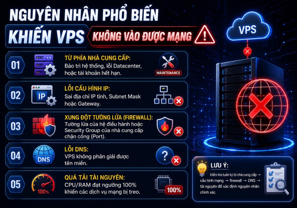 Nguyên nhân phổ biến khiến VPS không vào được mạng
