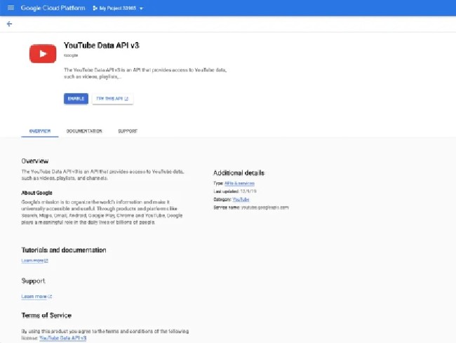 Bạn hãy bấm Enable Youtube Data API v3