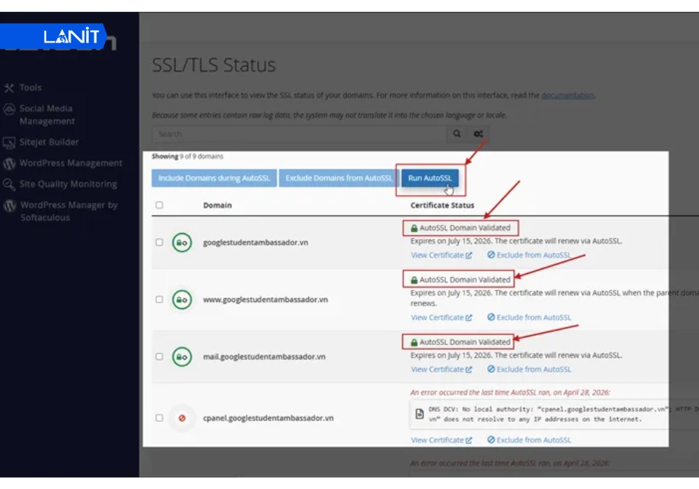 Chọn Subdomain cần cài SSL