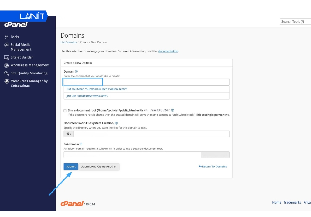 Nhập tên Subdomain và chọn Domain chính
