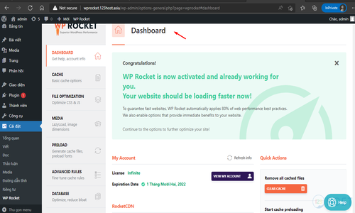Các tính năng trên bảng điều khiển của WP Rocket